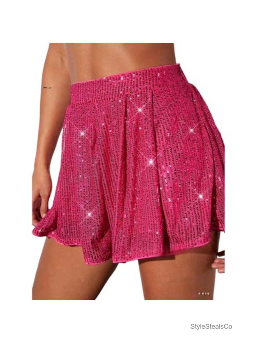 Sequin Mini Shorts with Pleated Skirt Overlay Y2K Glitter Night Out